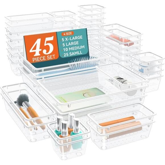 45 PCS Clear Drawer Organizers Set Plastic Storage Bins Trays for Makeup Kitchen - Picture 1 of 7